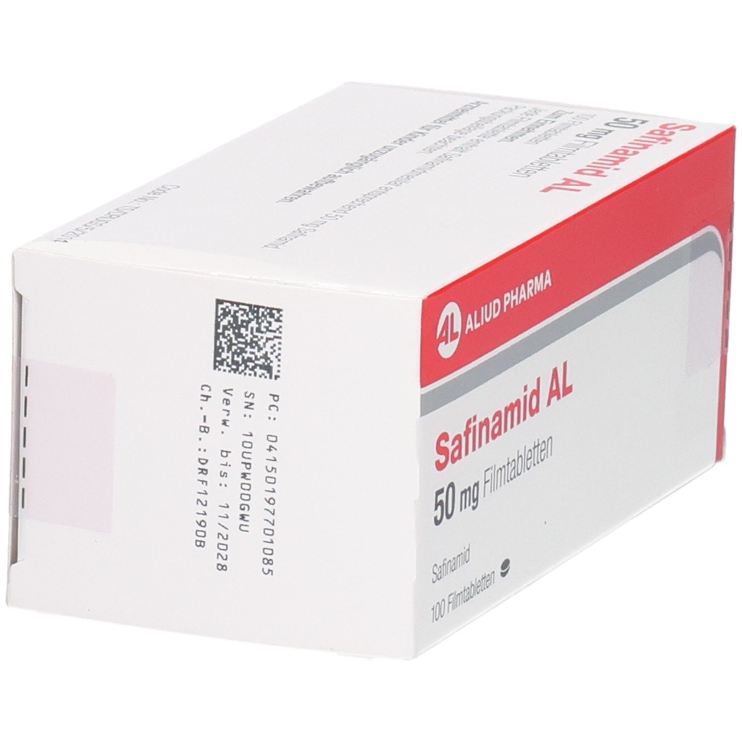 Weiß-rote Schachtel Safinamid AL 50 mg Filmtabletten. Logo AL, 100 Filmtabletten. Rückseite mit Barcode.