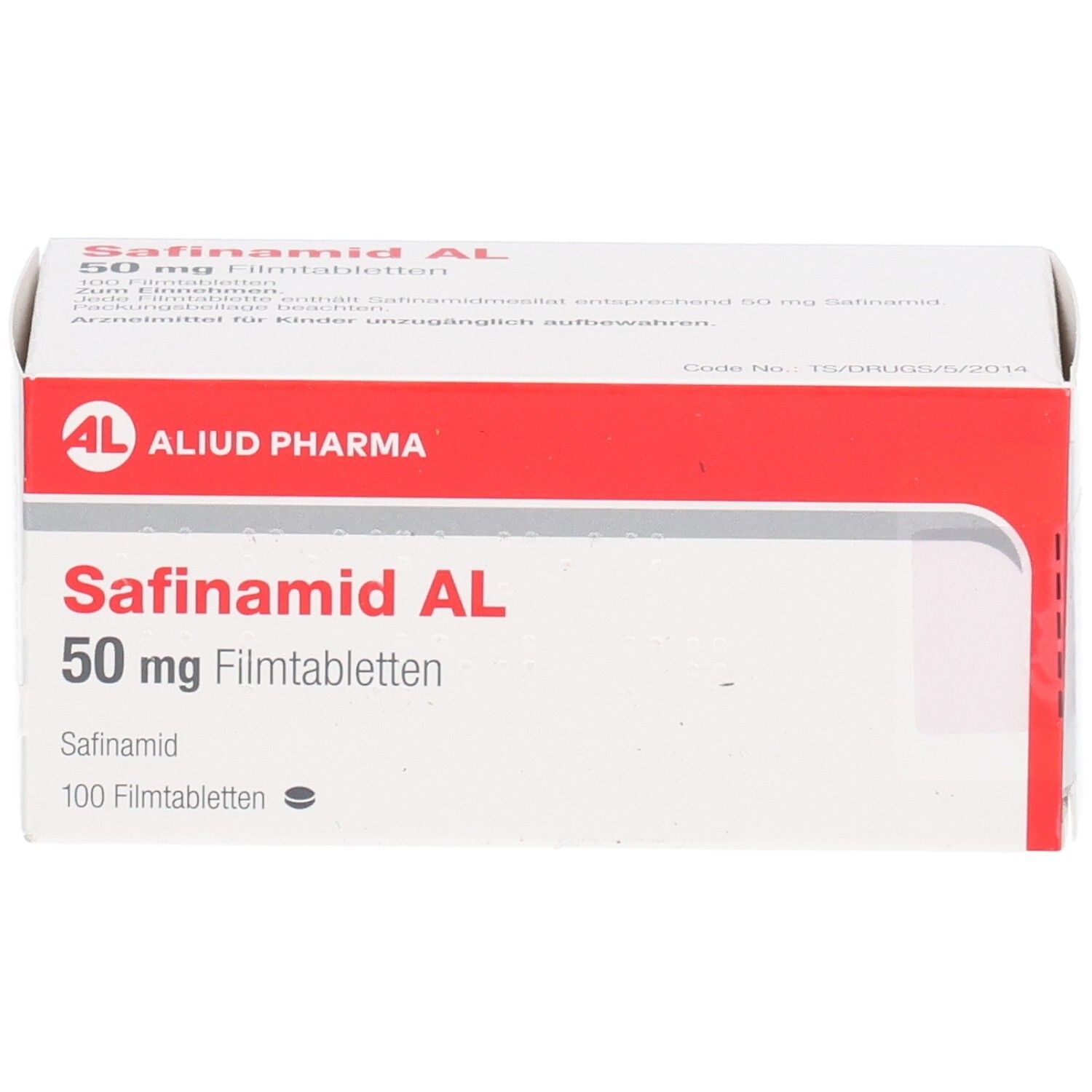 Weiß-rote Schachtel Safinamid AL 50 mg Filmtabletten. Logo AL, 100 Filmtabletten. Vorderansicht.