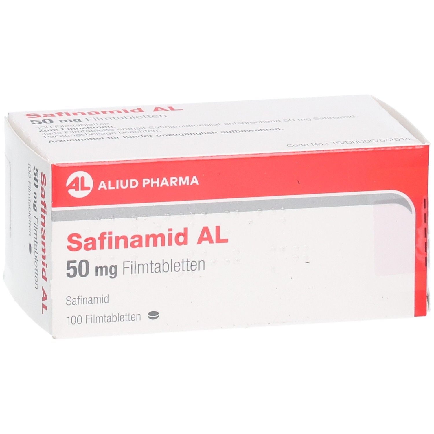 Weiß-rote Schachtel Safinamid AL 50 mg Filmtabletten. Logo AL, 100 Filmtabletten. Perspektivansicht.