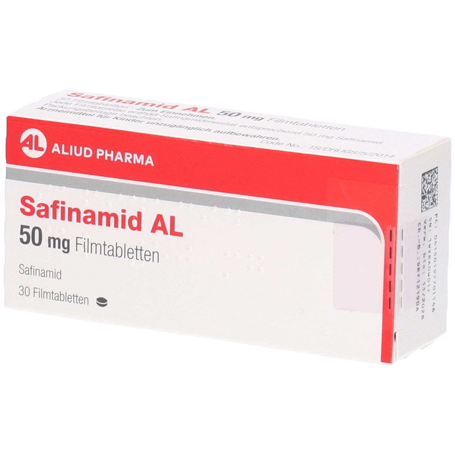 Schachtel mit Safinamid AL 50 mg Filmtabletten. Rote und weiße Verpackung mit Produktnamen und Logo.