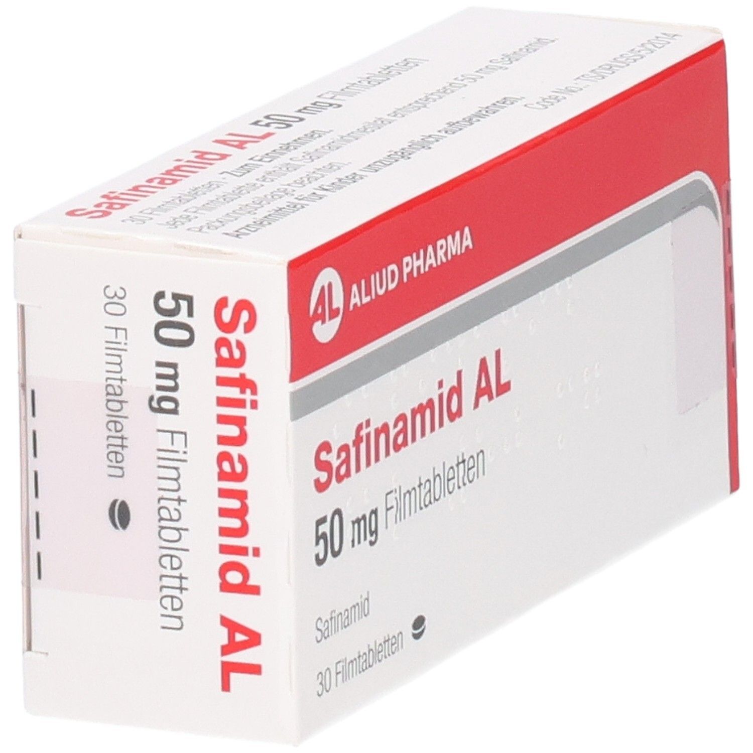 Schachtel Safinamid AL 50 mg Filmtabletten. Rote und weiße Verpackung, Produktname und Logo sichtbar.