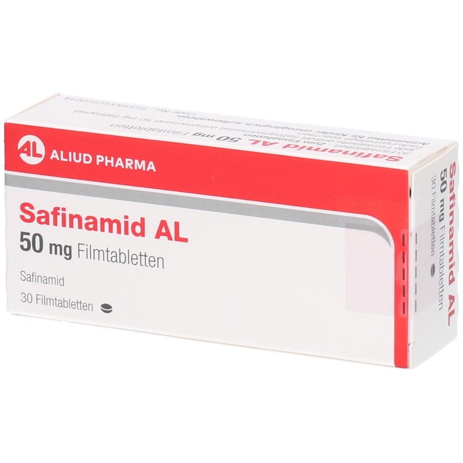 Schachtel mit Safinamid AL 50 mg Filmtabletten. Rote und weiße Verpackung mit Produktnamen und Logo.