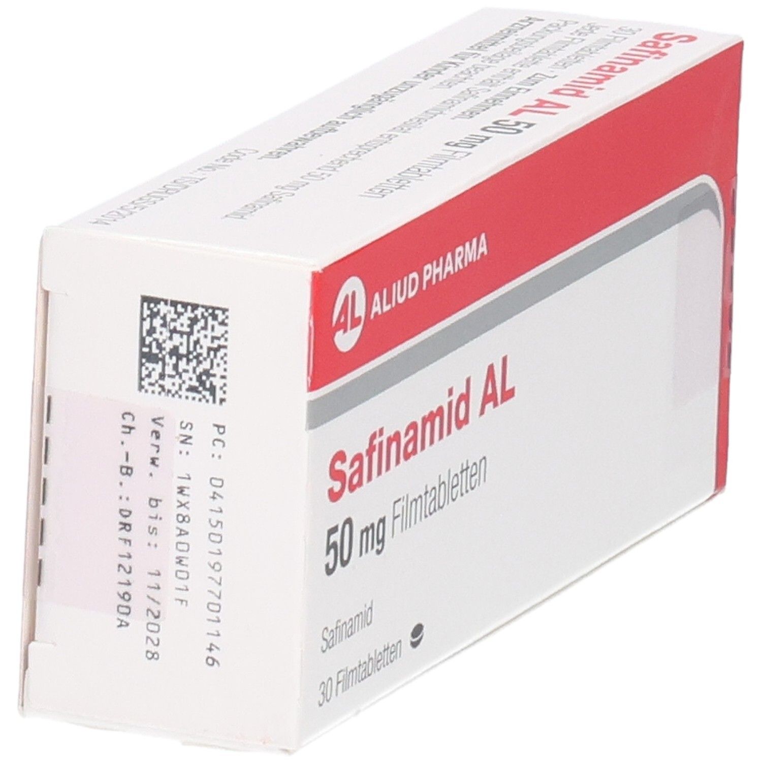 Schachtel Safinamid AL 50 mg Filmtabletten. Rote und weiße Verpackung, Produktname und Logo sichtbar.