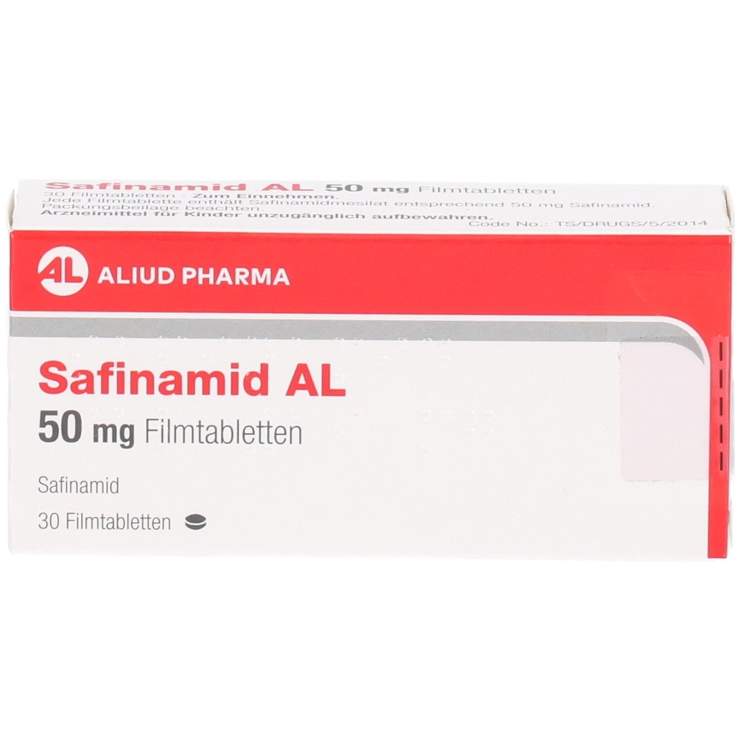 Schachtel mit Safinamid AL 50 mg Filmtabletten. Rote und weiße Verpackung mit Produktnamen und Logo.