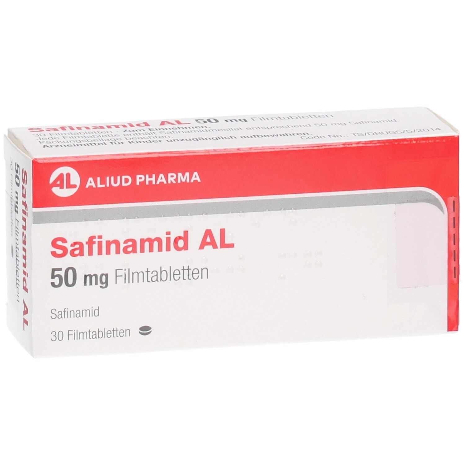 Schachtel Safinamid AL 50 mg Filmtabletten. Rote und weiße Verpackung, Produktname und Logo sichtbar.