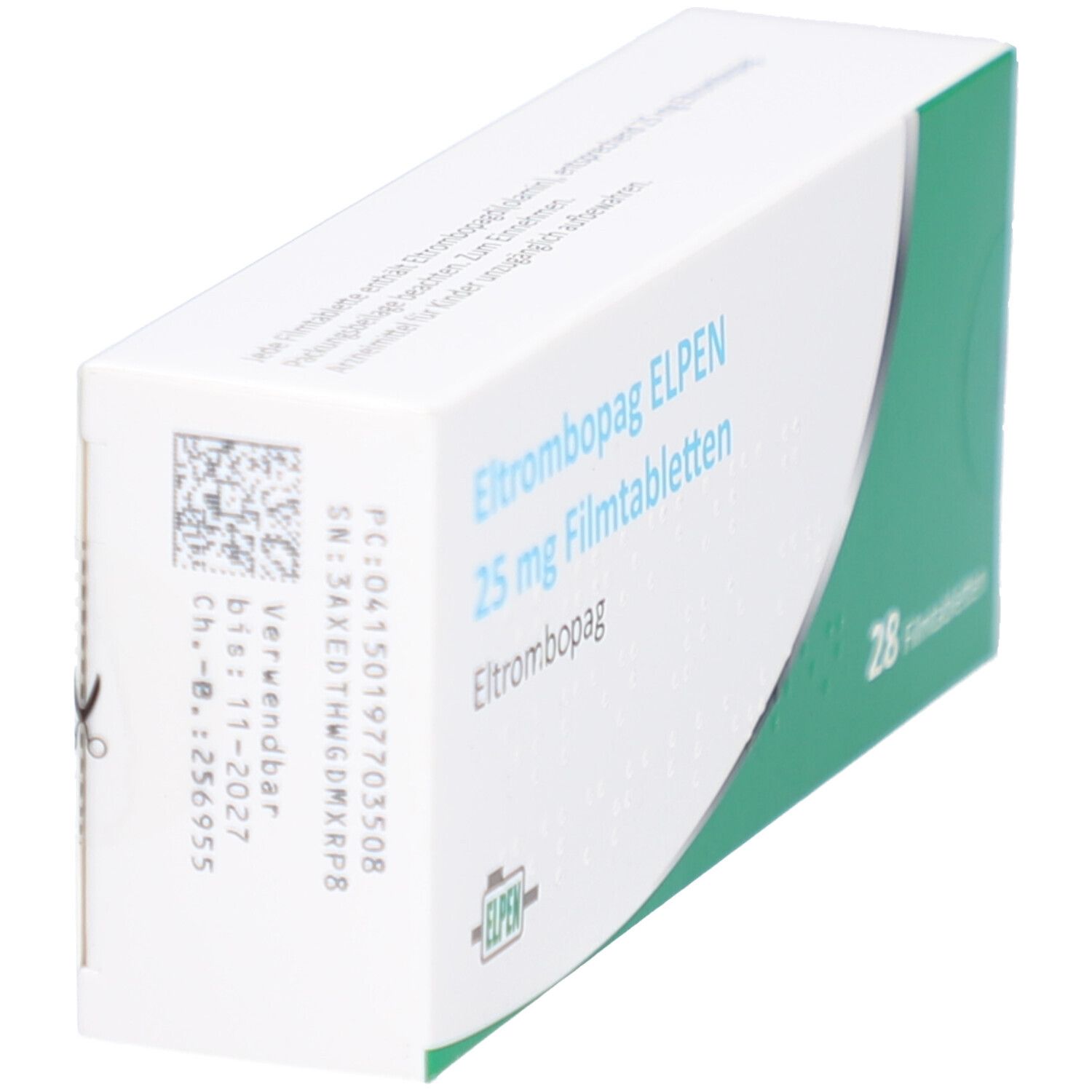Schachtel ELTROMBOPAG ELPEN 25 mg Filmtabletten. Weiße Schachtel mit grüner Ecke. Aufdruck mit Chargennummer und Verfallsdatum.