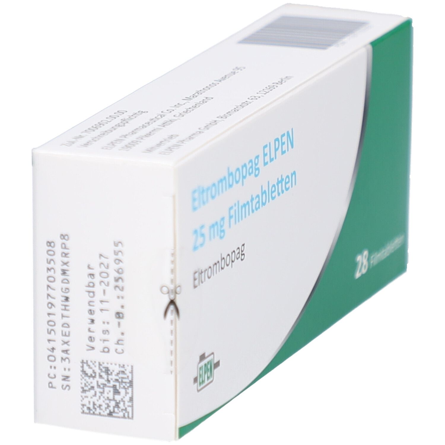 Schachtel ELTROMBOPAG ELPEN 25 mg Filmtabletten. Weiße Schachtel mit grüner Ecke. Aufdruck mit Chargennummer und Verfallsdatum.