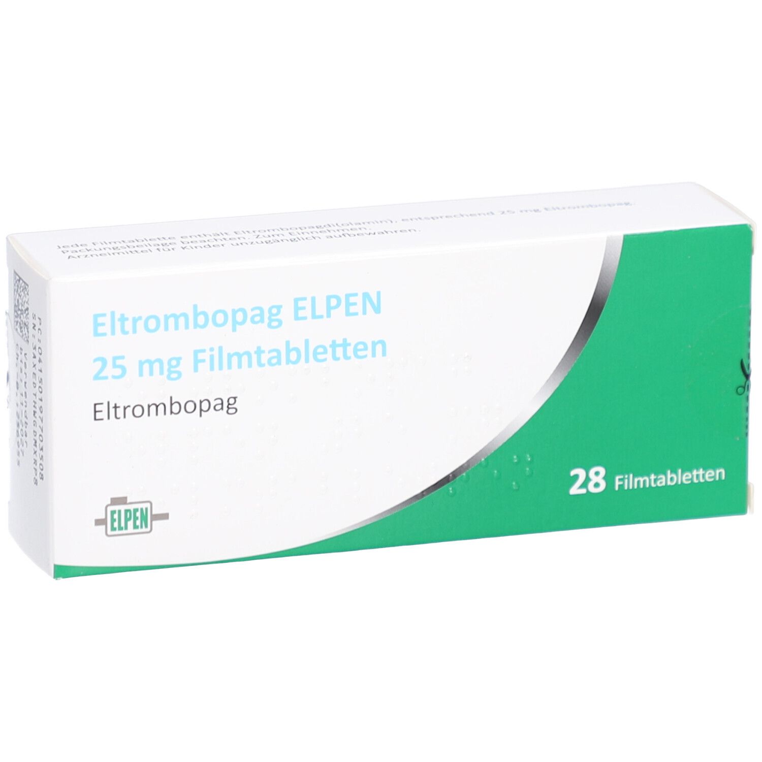 Schachtel mit ELTROMBOPAG ELPEN 25 mg Filmtabletten. Weiß mit grüner Ecke. Aufschrift: 28 Filmtabletten.
