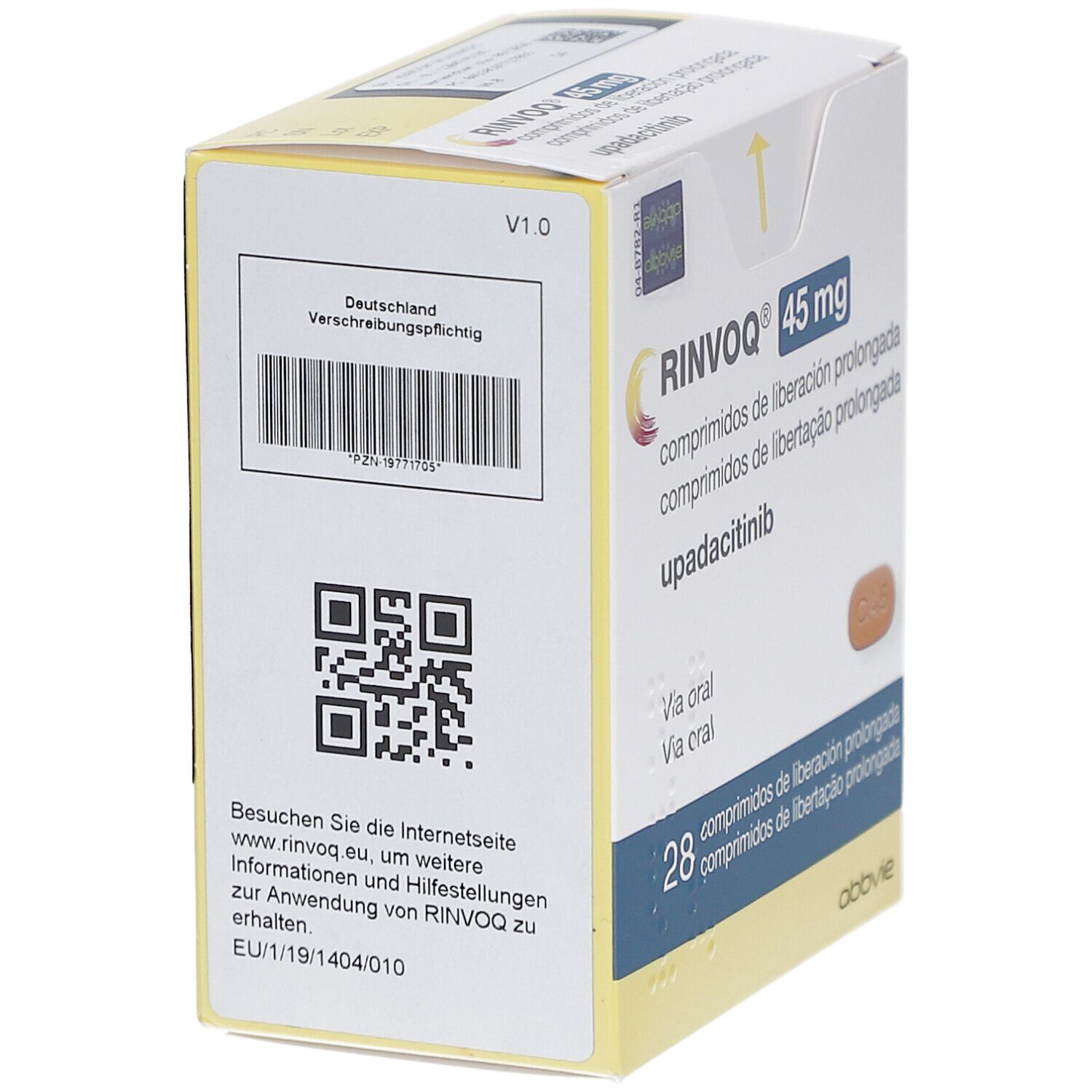 Rückseite der RINVOQ 45 mg Schachtel. Enthält QR-Code, Barcode und Informationen. Gelb-weißes Design mit Produktinformationen.