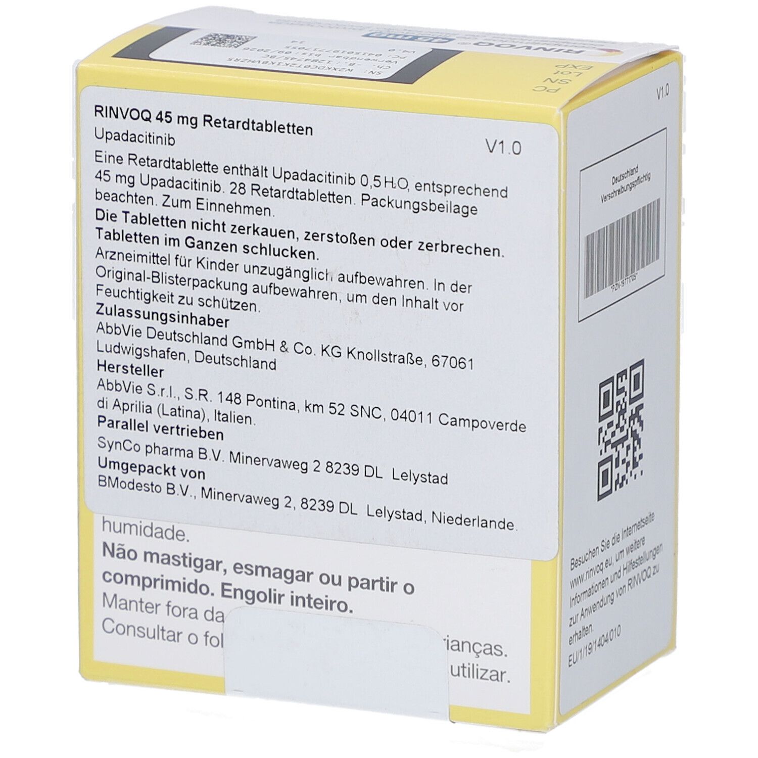 Seite der RINVOQ 45 mg Schachtel mit Text. Enthält Produktinformationen und Herstellerangaben. Gelb-weißes Design.