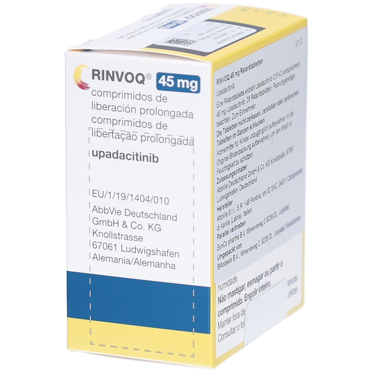 Seite der RINVOQ 45 mg Schachtel mit Text. Enthält Produktinformationen und Herstellerangaben. Gelb-weißes Design.