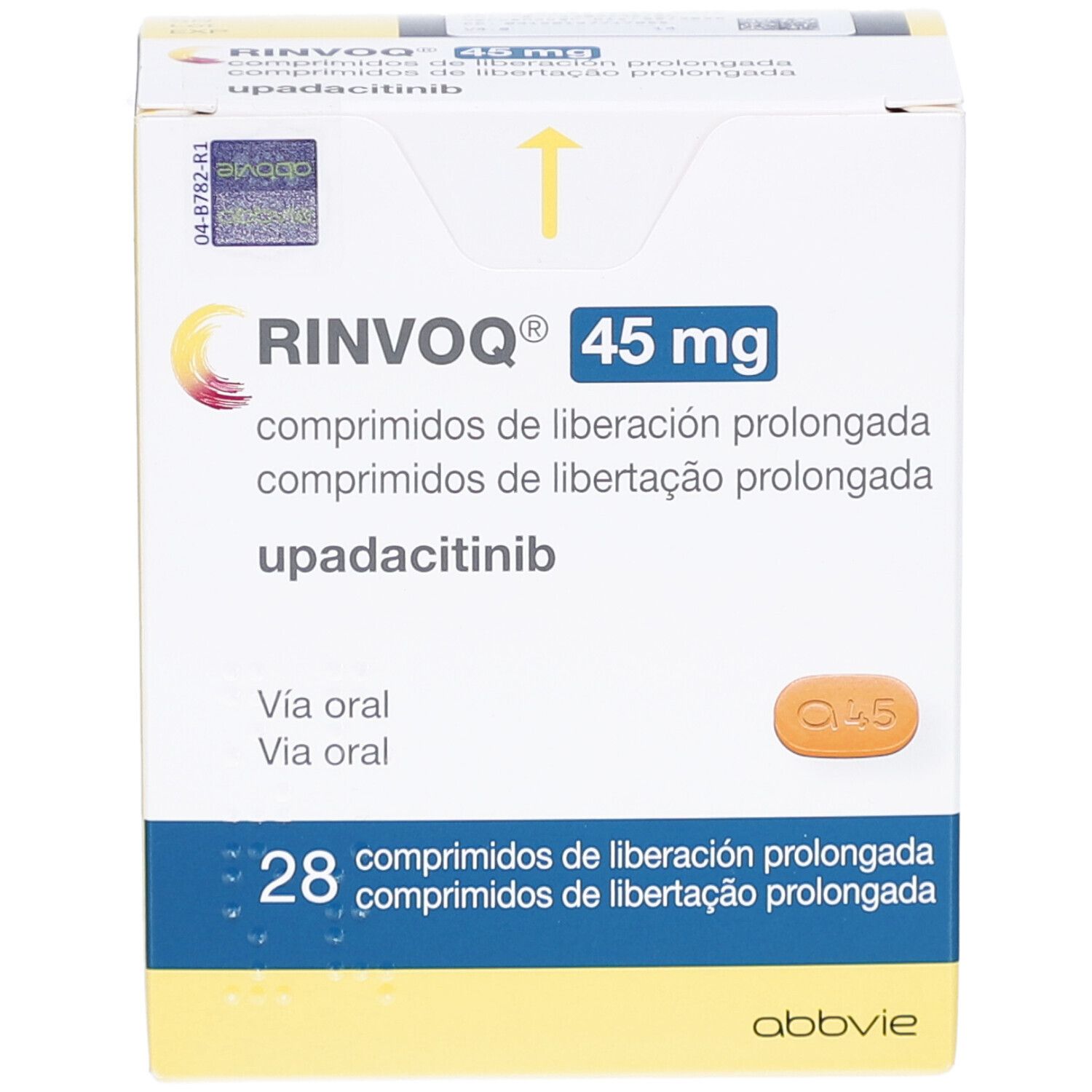 RINVOQ 45 mg Schachtel. Aufdruck: upadacitinib, 28 Tabletten. Gelb-weißes Design mit Logo und Produktinformationen.