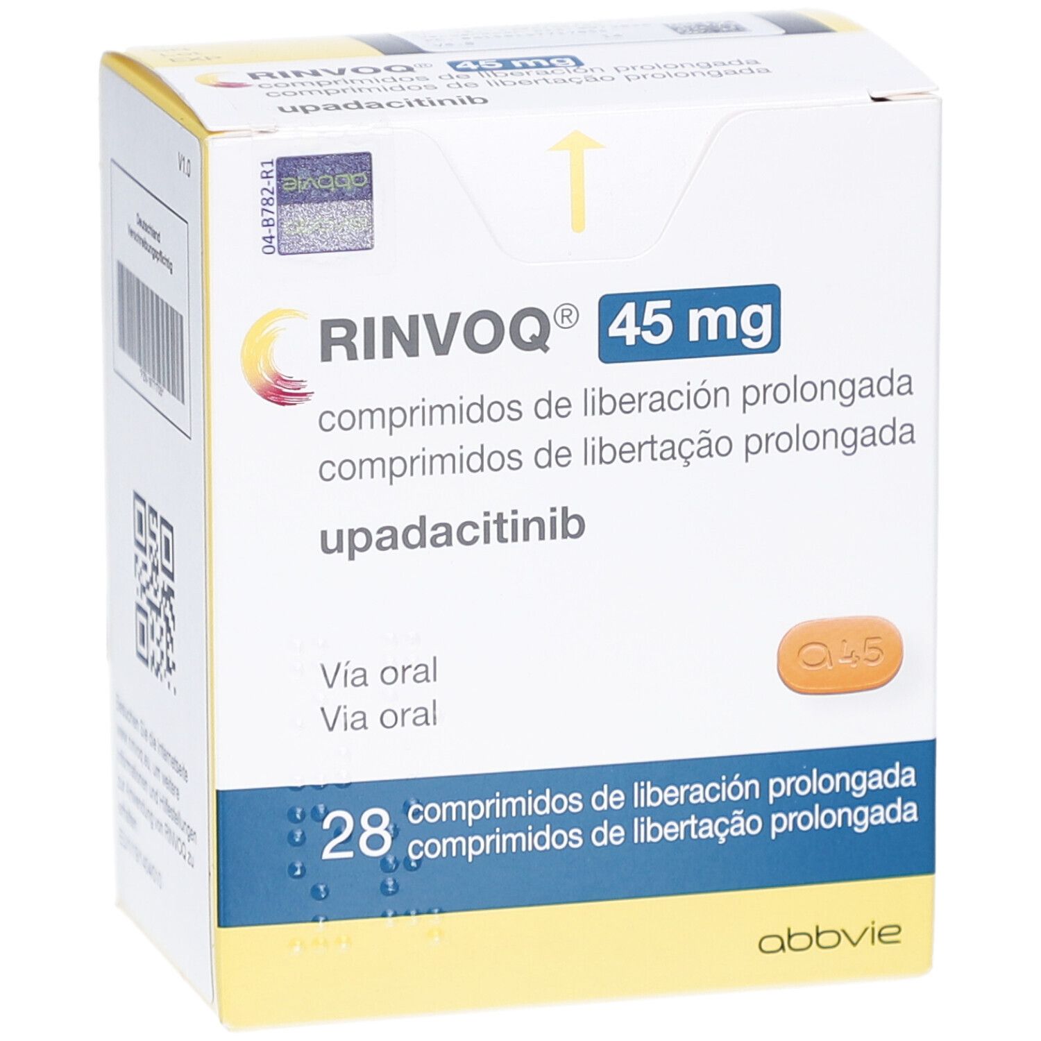 RINVOQ 45 mg Schachtel. Aufdruck: upadacitinib, 28 Tabletten. Gelb-weißes Design mit Logo und Produktinformationen.
