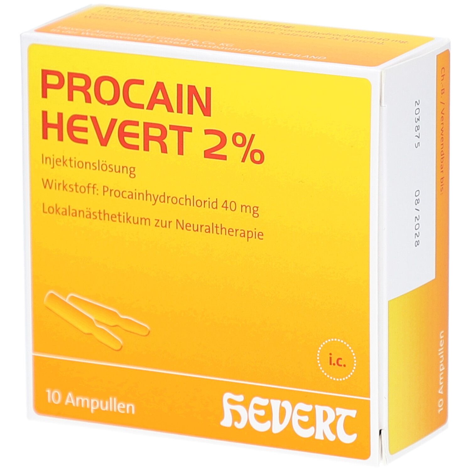 Verpackung von PROCAIN Hevert 2% Injektionslösung. Gelb-weiße Schachtel mit Produktnamen, Inhaltsstoffen und 10 Ampullen.