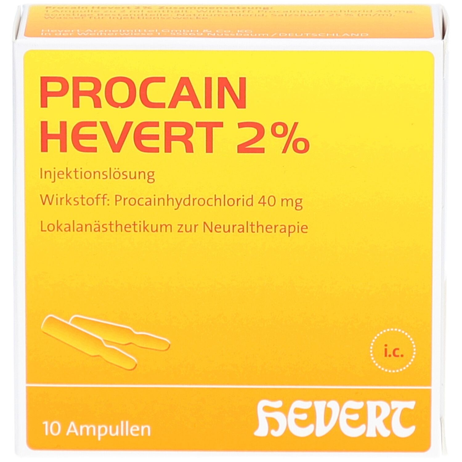 PROCAIN Hevert 2% Packung. Gelb-weiße Schachtel mit Produktnamen, Inhaltsstoffen und 10 Ampullen. Hevert Logo.