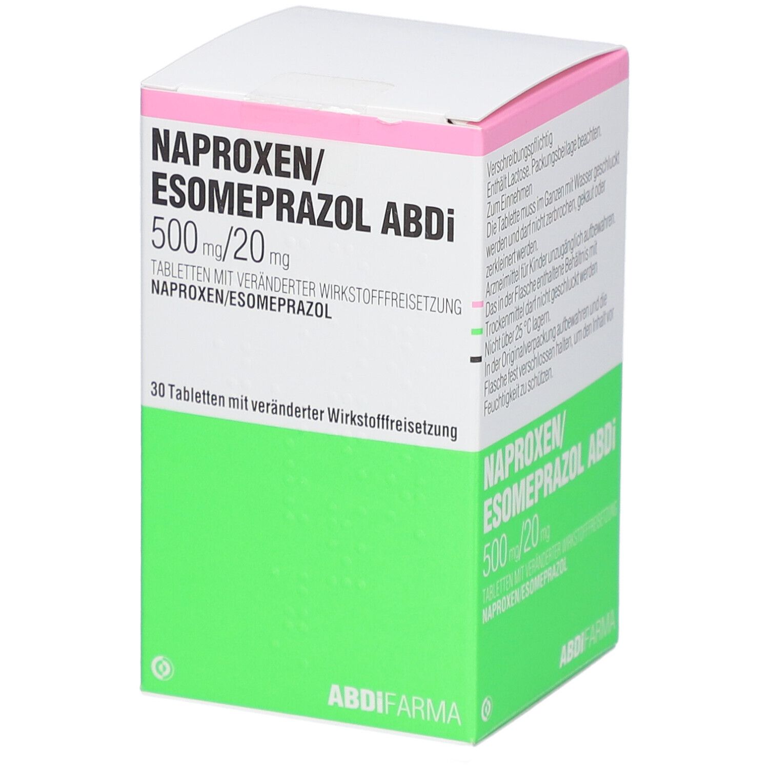 Verpackung von NAPROXEN/Esomeprazol Abdi. Weißer Karton mit grüner und rosa Beschriftung. Text: NAPROXEN/ESOMEPRAZOL ABDI 500 mg/20 mg.