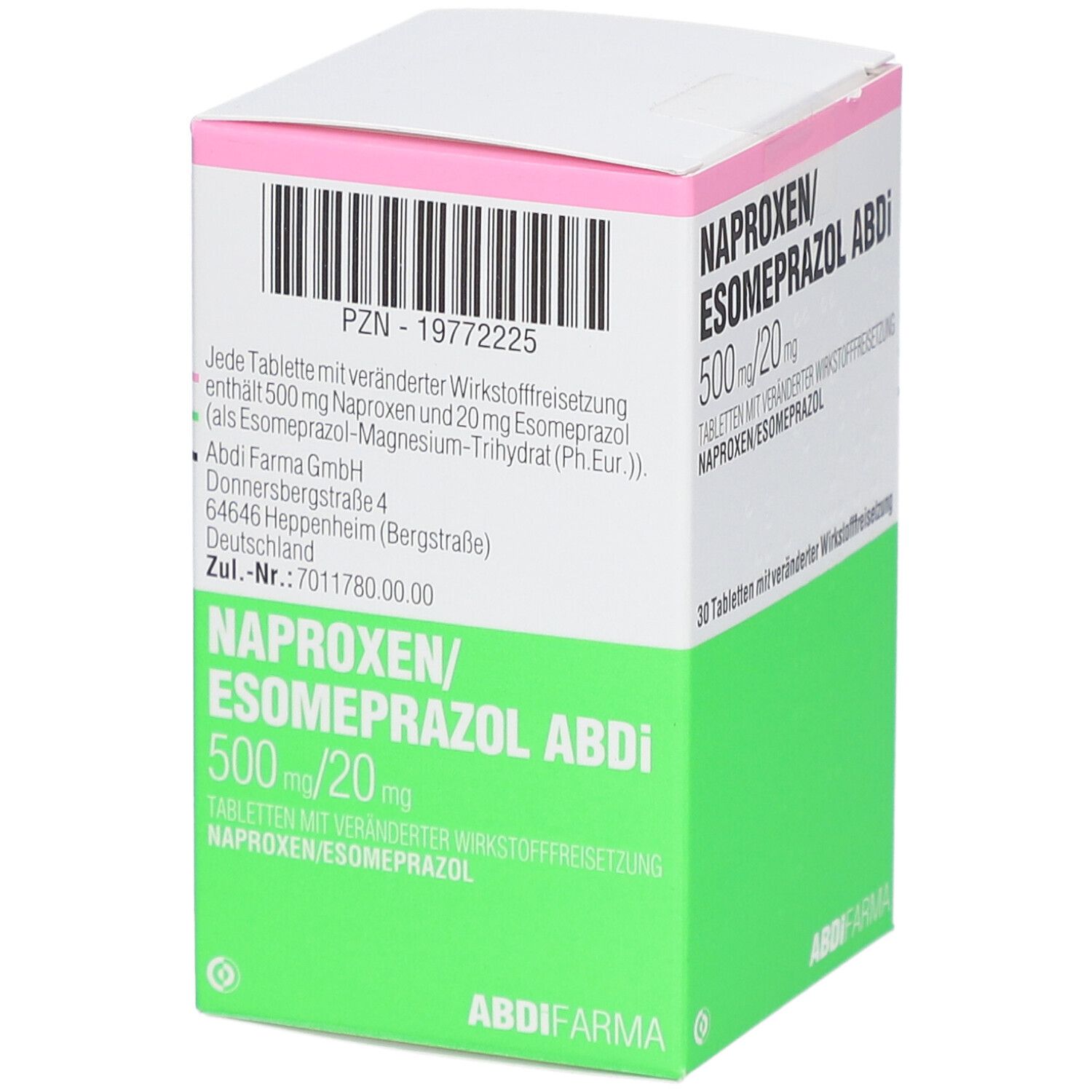 Verpackung von NAPROXEN/Esomeprazol Abdi. Weißer Karton mit grüner und rosa Beschriftung. Barcode und Text: NAPROXEN/ESOMEPRAZOL ABDI 500 mg/20 mg.