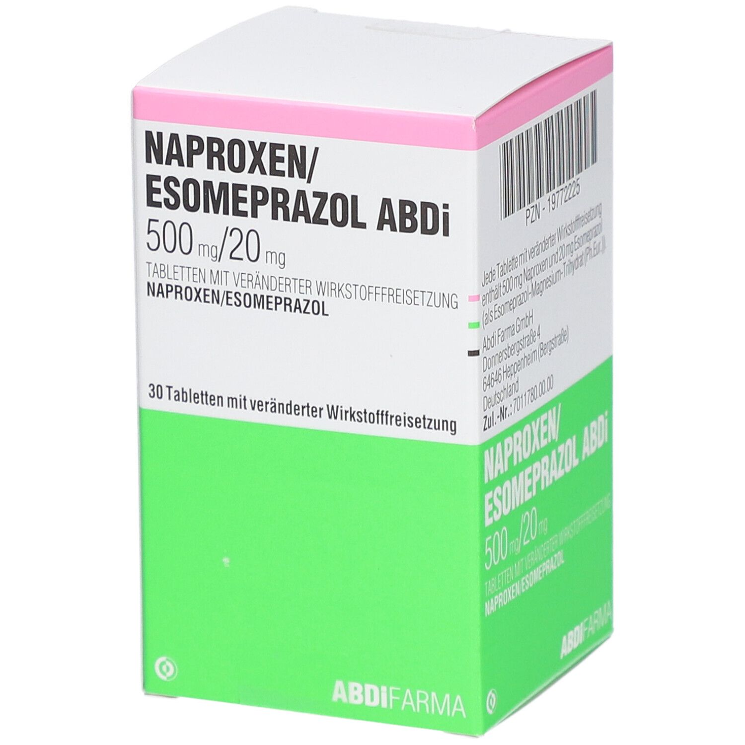 Verpackung von NAPROXEN/Esomeprazol Abdi. Weißer Karton mit grüner und rosa Beschriftung. Text: NAPROXEN/ESOMEPRAZOL ABDI 500 mg/20 mg. 30 Tabletten.