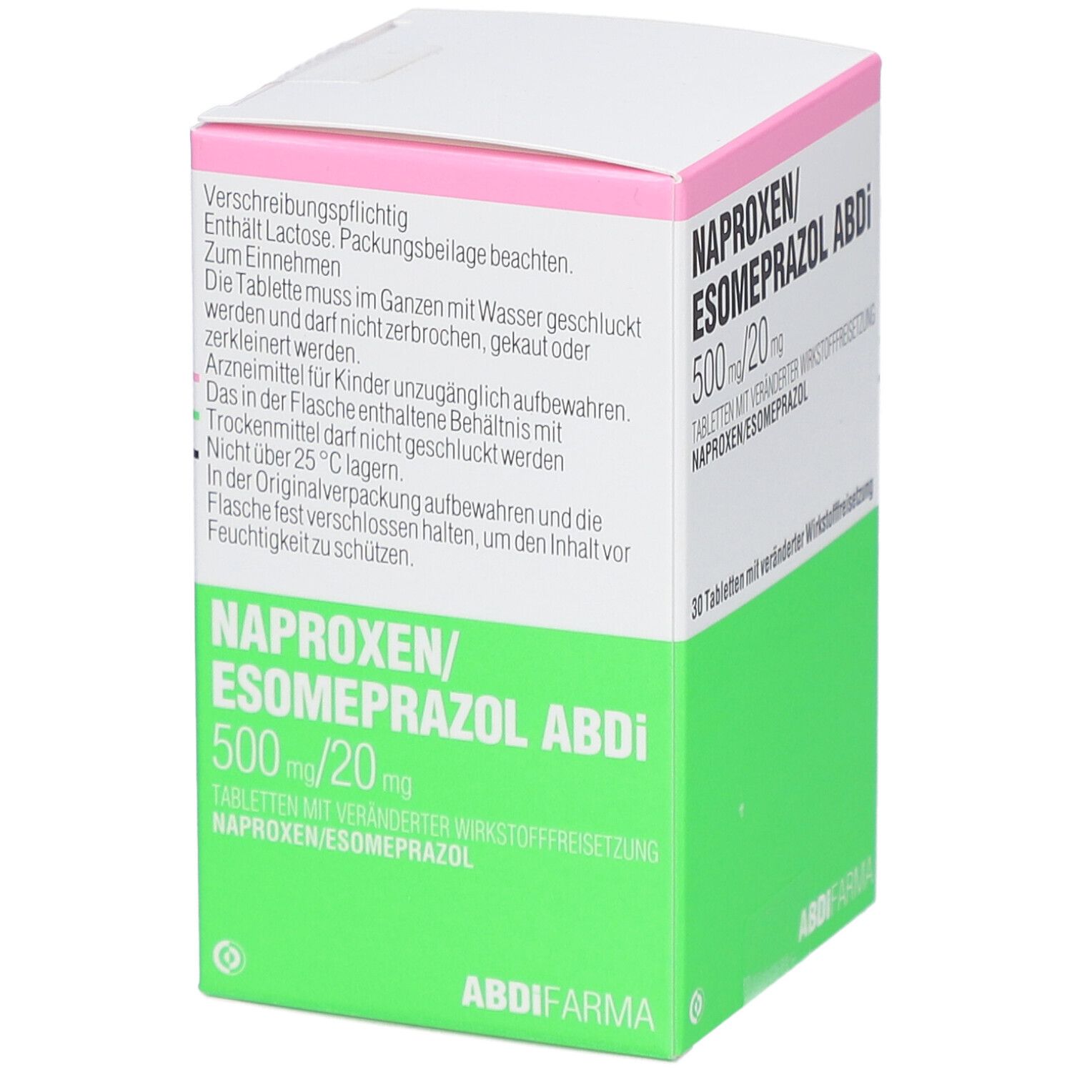 Verpackung von NAPROXEN/Esomeprazol Abdi. Weißer Karton mit grüner und rosa Beschriftung. Text: NAPROXEN/ESOMEPRAZOL ABDI 500 mg/20 mg. Beipackzettel.