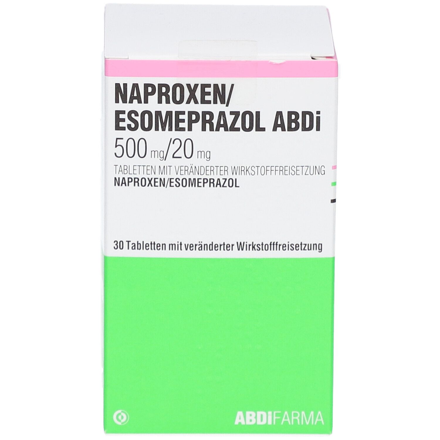 Verpackung von NAPROXEN/Esomeprazol Abdi. Weißer Karton mit grüner und rosa Beschriftung. Text: NAPROXEN/ESOMEPRAZOL ABDI 500 mg/20 mg. ABDI FARMA.