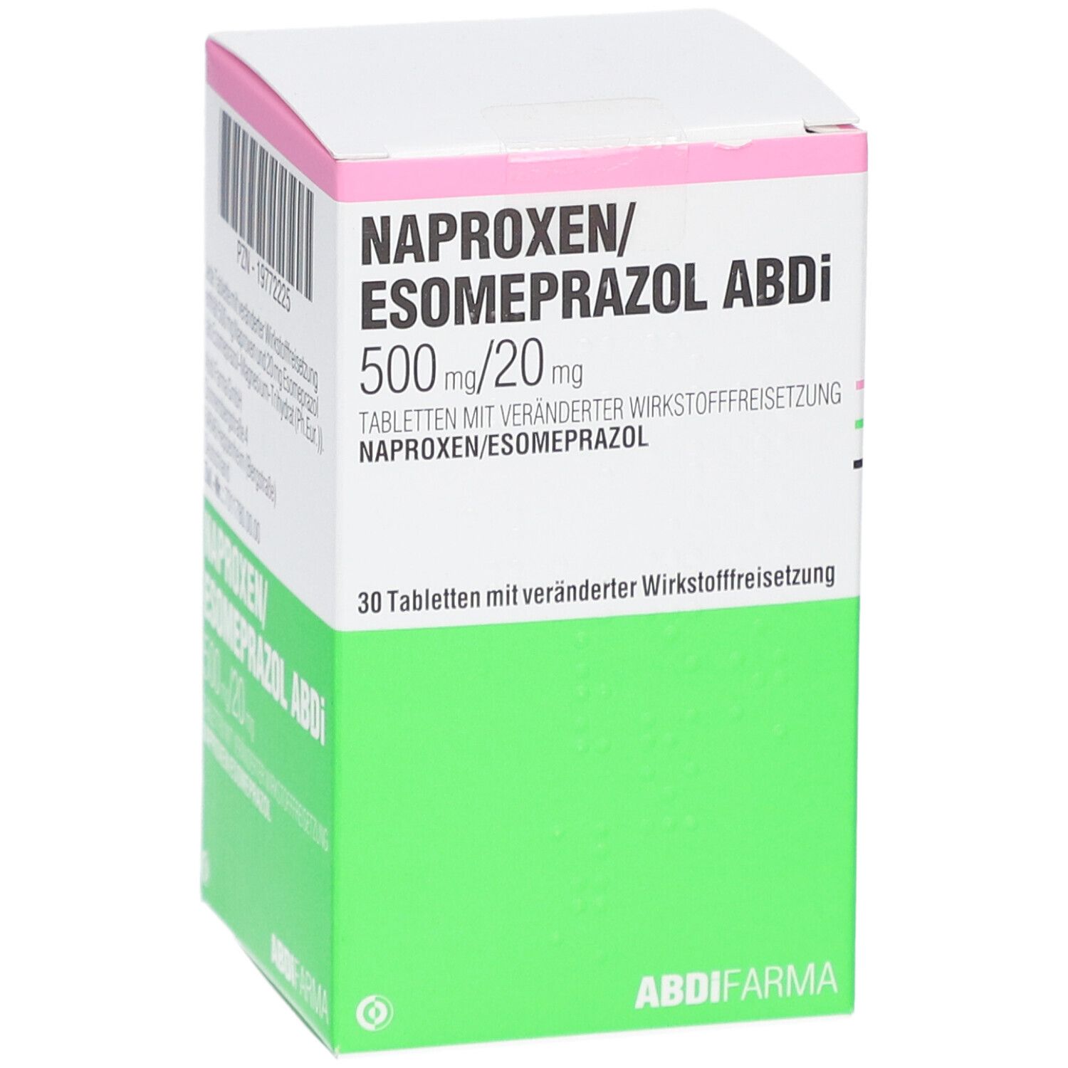 Verpackung von NAPROXEN/Esomeprazol Abdi. Weißer Karton mit grüner und rosa Beschriftung. Barcode und Text: NAPROXEN/ESOMEPRAZOL ABDI 500 mg/20 mg.