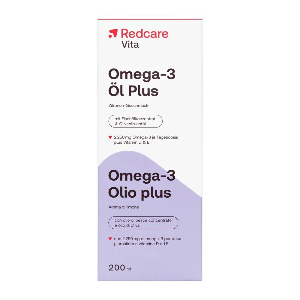 Verpackung Omega-3 Öl Plus. Auf der Verpackung: Redcare Vita, Omega-3 Öl Plus, Zitronen-Geschmack.