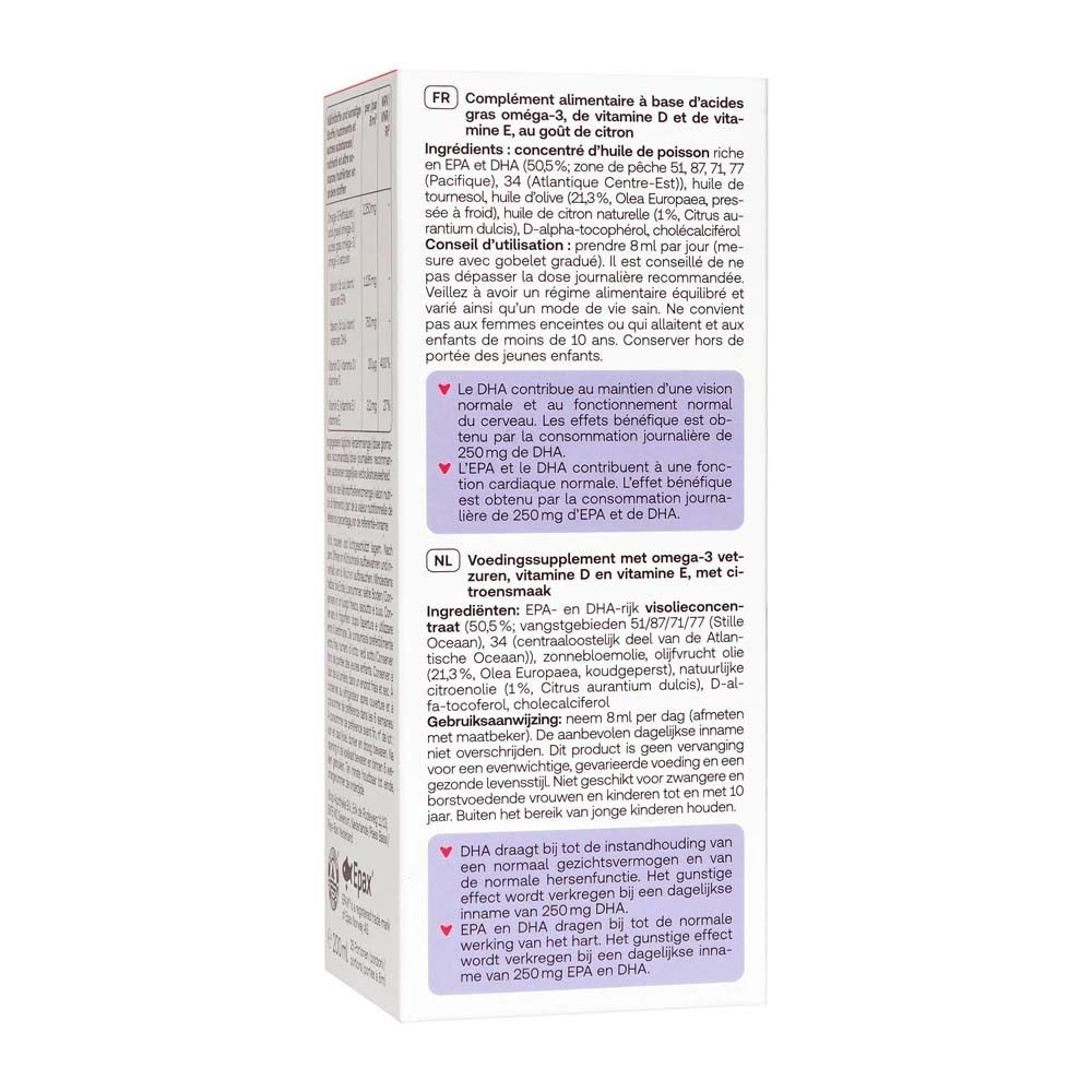 Rückseite der Verpackung Omega-3 Öl Plus. Text in Französisch und Niederländisch. Enthält EPAX-Logo.