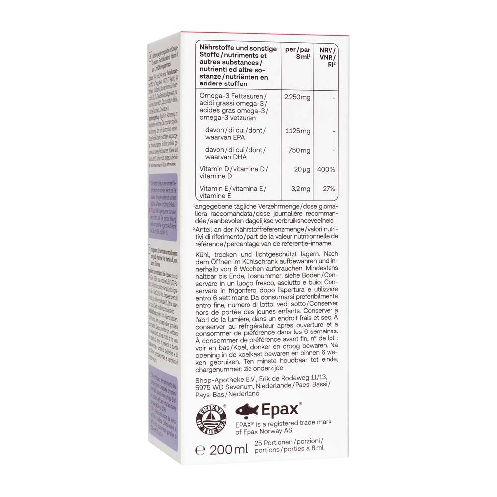 Rückseite der Verpackung Omega-3 Öl Plus. Enthält Nährwertangaben und EPAX-Logo.
