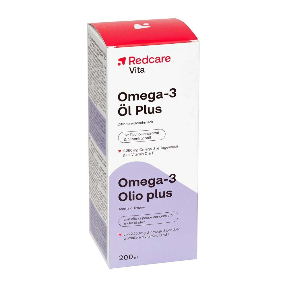Verpackung Omega-3 Öl Plus. Auf der Verpackung: Redcare Vita, Omega-3 Öl Plus, Zitronen-Geschmack.