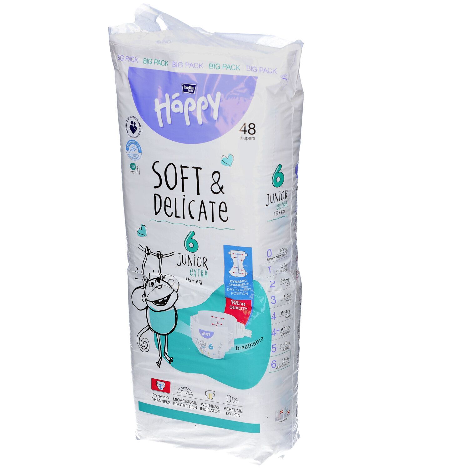 Verpackung mit Windeln. Aufschrift: Happy, Soft & Delicate, Junior Extra, Größe 6. Enthält 48 Windeln. Mit Illustrationen.