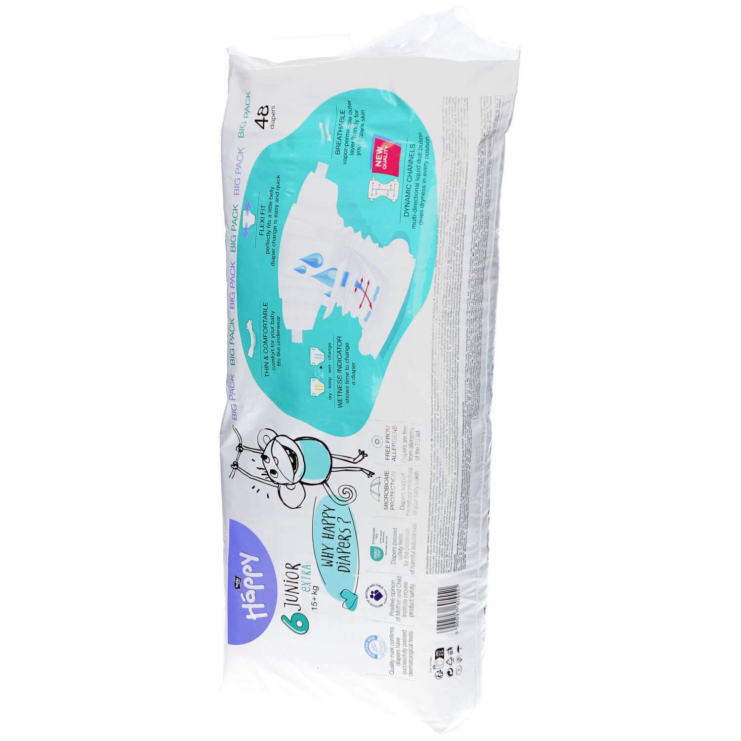 Rückseite der Windelverpackung. Aufschrift: Happy, Junior Extra, Größe 6. Mit Illustrationen und Text. Enthält 48 Windeln.