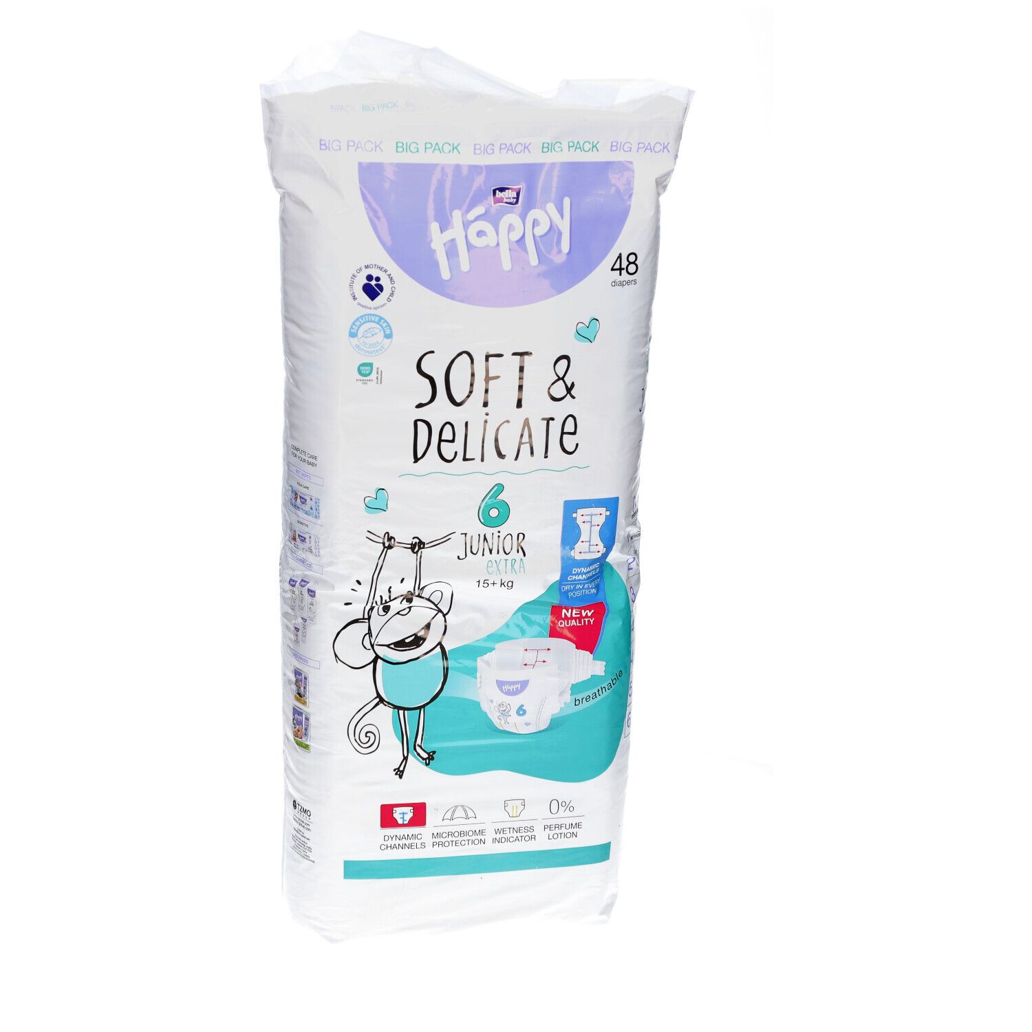 Verpackung mit Windeln. Aufschrift: Happy, Soft & Delicate, Junior Extra, Größe 6. Enthält 48 Windeln. Mit Illustrationen.