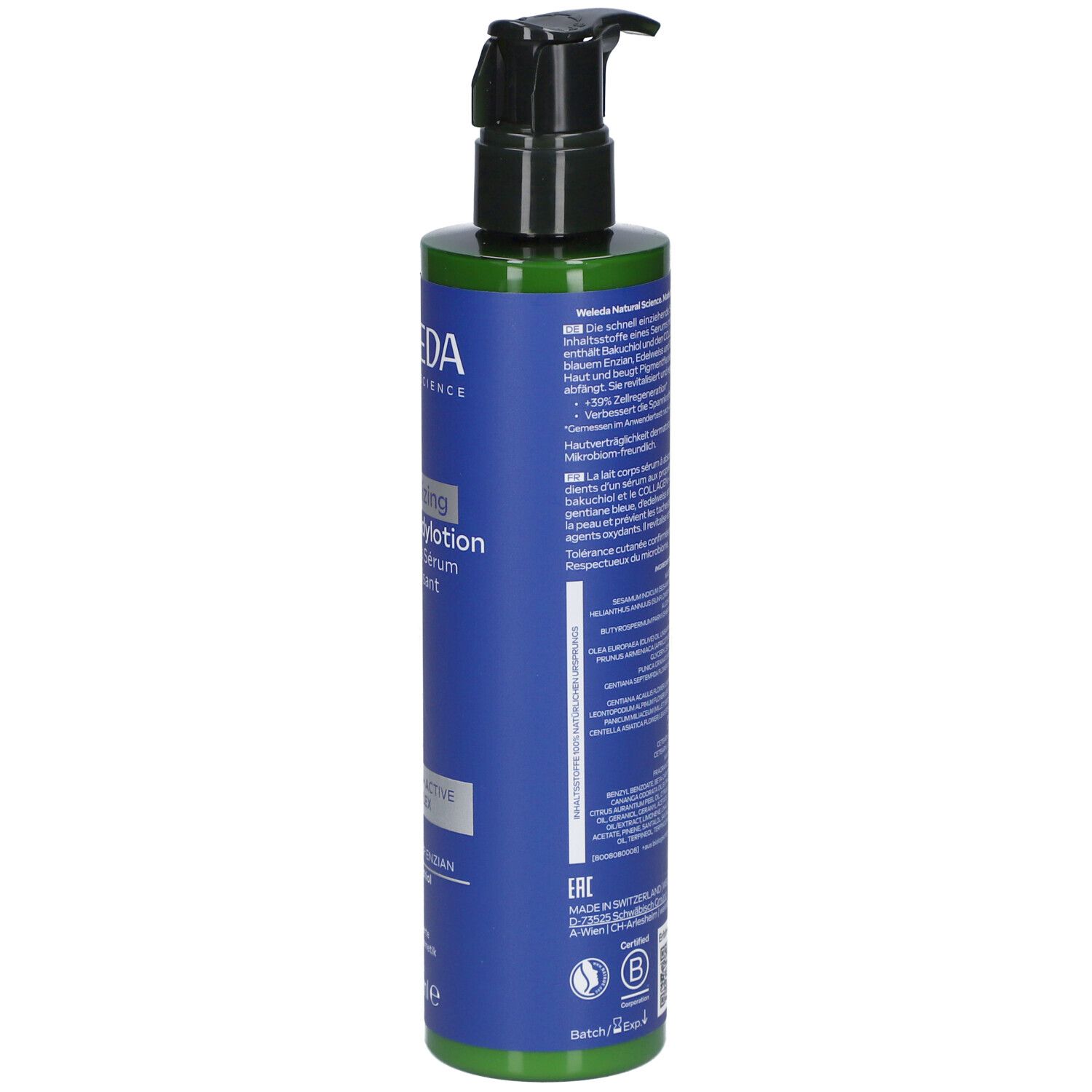 Rückseite der Flasche. Text in mehreren Sprachen. Grün-blauer Farbverlauf. Schwarzer Pumpkopf. Enthält 100% zertifizierte Naturkosmetik.