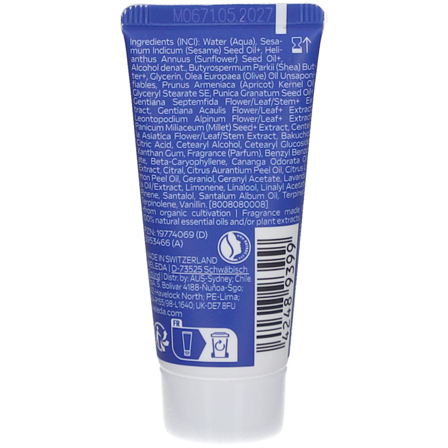 Rückseite der blauen Tube. Enthält Inhaltsstoffe, Produktions- und Vertriebsinformationen.