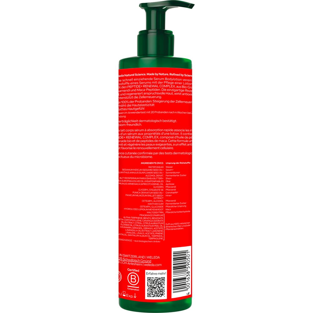 Rückseite der roten Flasche. Text in mehreren Sprachen. QR-Code und Zertifizierungen.