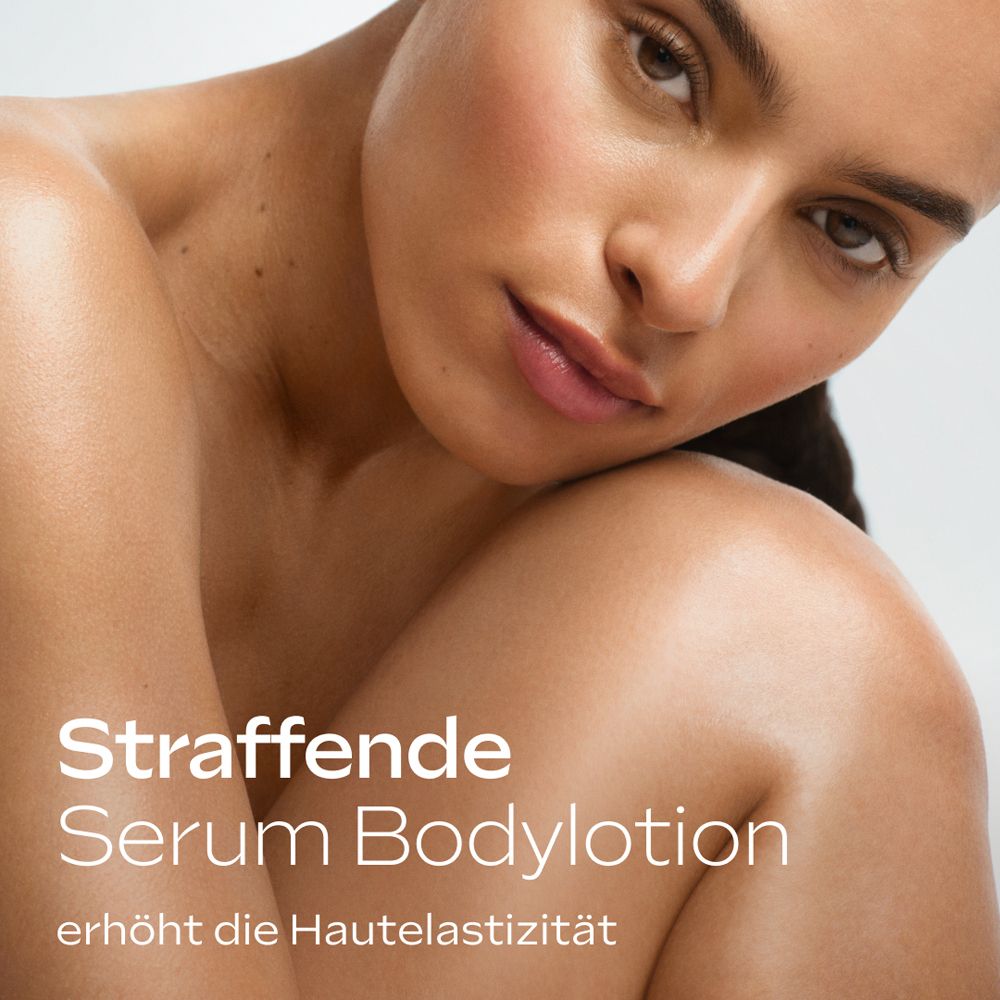 Frau mit Serum Bodylotion. Text: Straffende Serum Bodylotion erhöht die Hautelastizität.