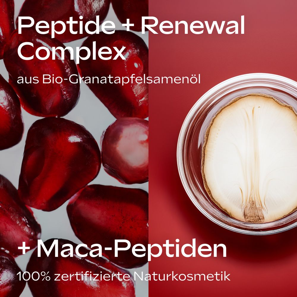 Nahaufnahme von Granatapfel und Maca-Peptiden. Text: Peptide + Renewal Complex.