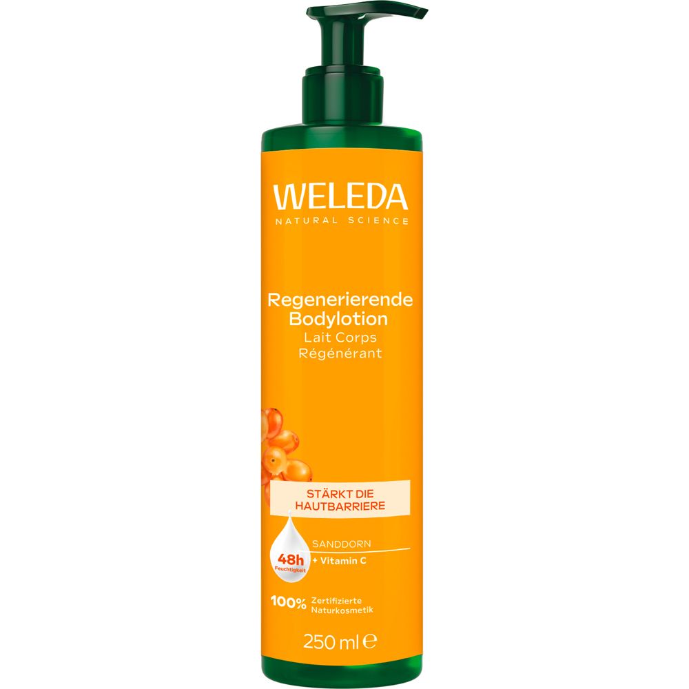 Weleda regenerierende Bodylotion. Orangefarbene Flasche mit grünem Deckel. Produktname und Inhaltsstoffe sind aufgedruckt.