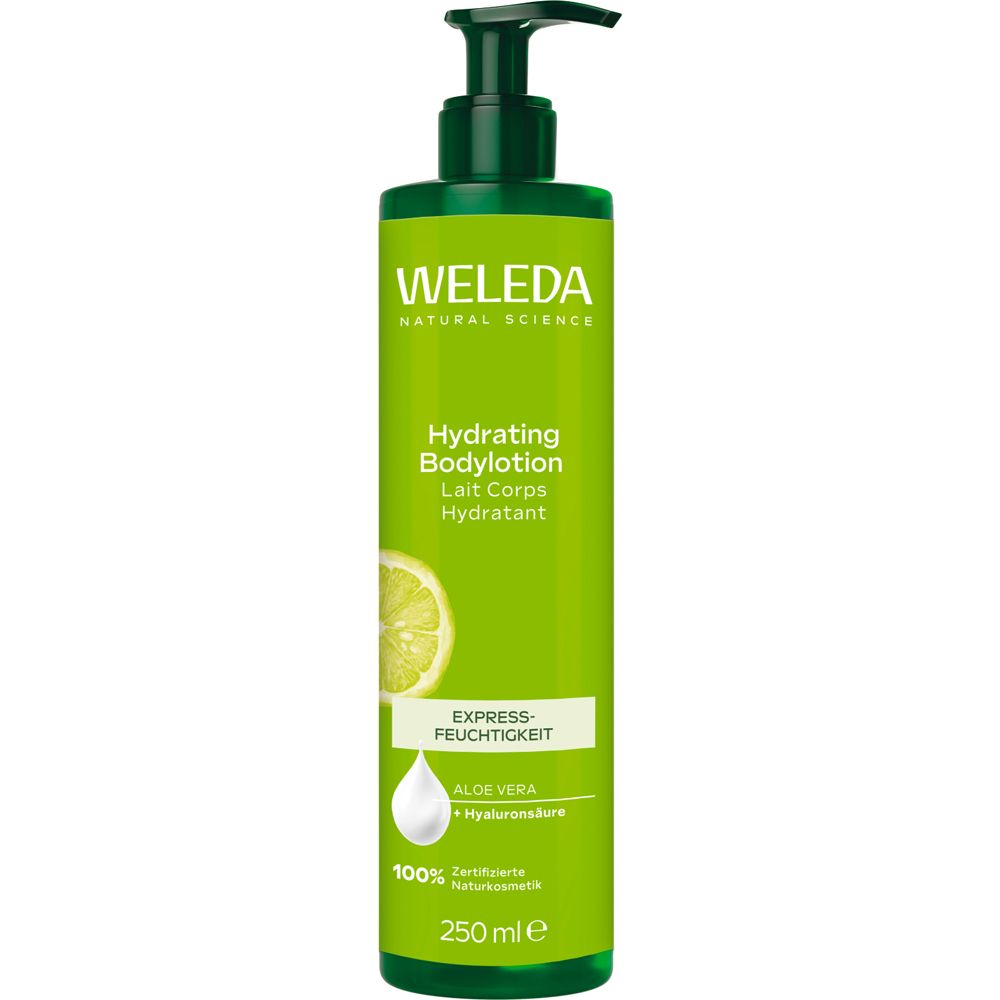 Grüne Flasche mit Pumpe. Aufschrift: WELEDA, Hydrating Bodylotion, Express-Feuchtigkeit, Aloe Vera + Hyaluronsäure. 250 ml.