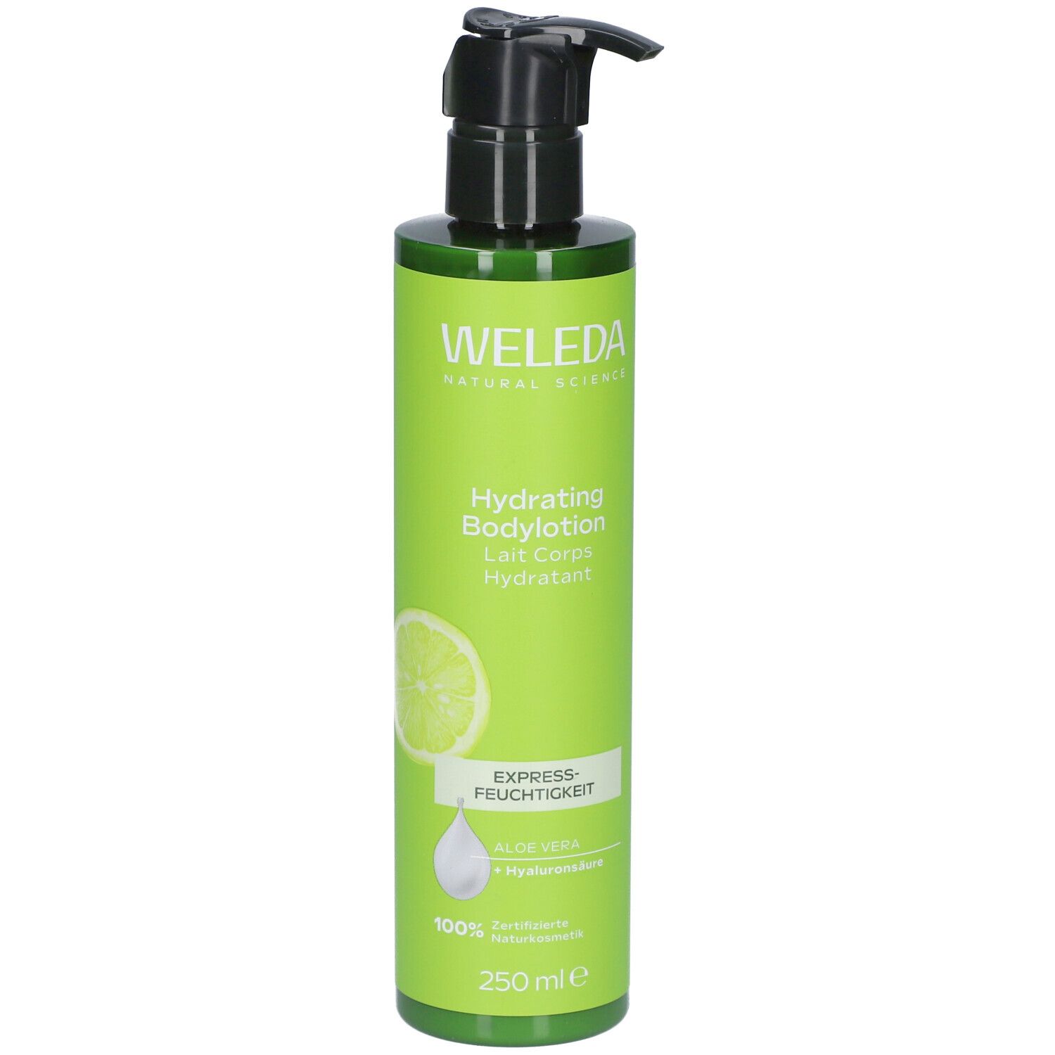 Grüne Flasche mit schwarzem Pumpkopf. Aufschrift: WELEDA, Hydrating Bodylotion. Abbildung einer Zitrone und Tropfen. 250 ml.
