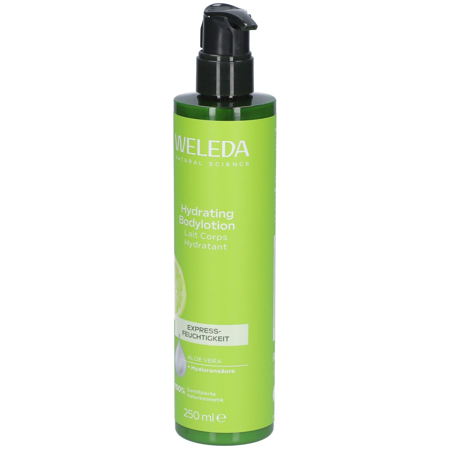 Grüne Flasche mit schwarzem Pumpkopf. Aufschrift: WELEDA, Hydrating Bodylotion. Abbildung einer Zitrone und Tropfen. 250 ml.