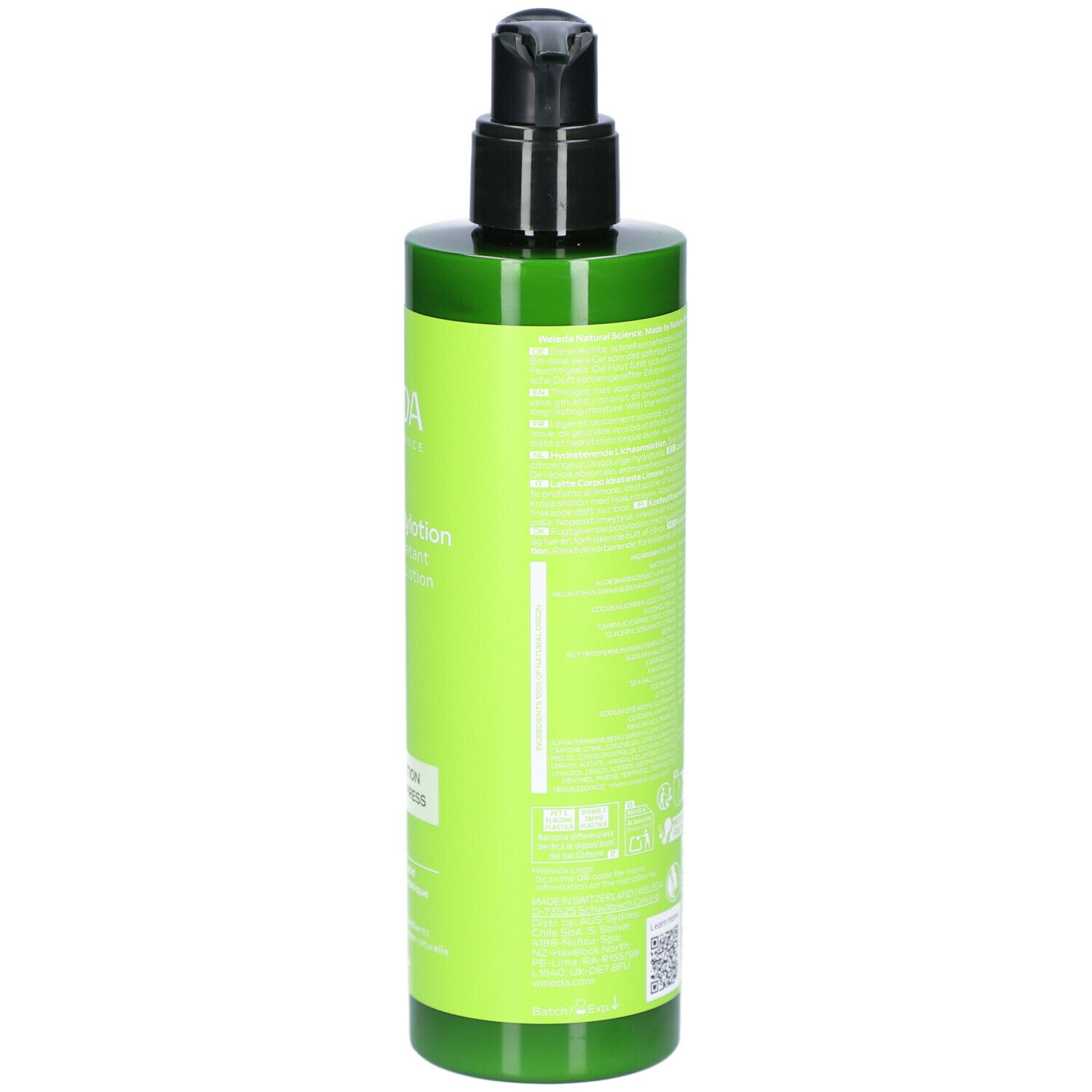 Grüne Flasche mit schwarzem Pumpkopf. Rückseite mit Text und QR-Code. Aufschrift: WELEDA, Hydrating Bodylotion.