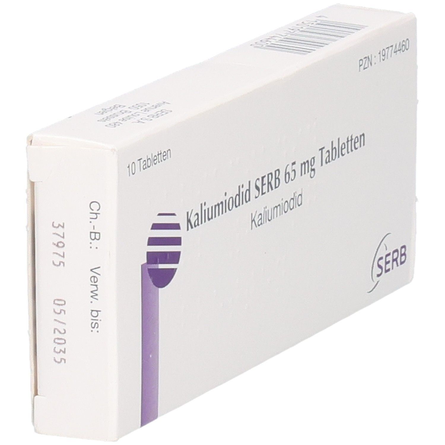 Weiße Schachtel mit "Kaliumiodid SERB 65 mg Tabletten". Logo und Text in Schwarz und Lila. Details auf der Seite.