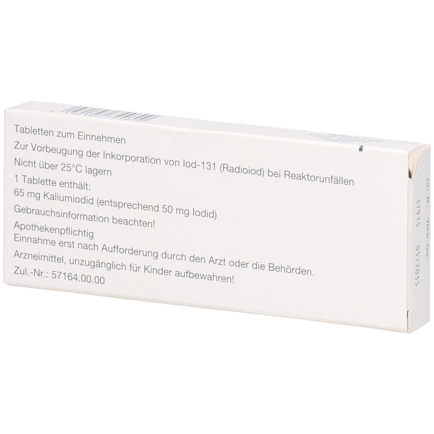 Rückseite der weißen Schachtel mit Text. Enthält Informationen zu "Kaliumiodid SERB 65 mg Tabletten".