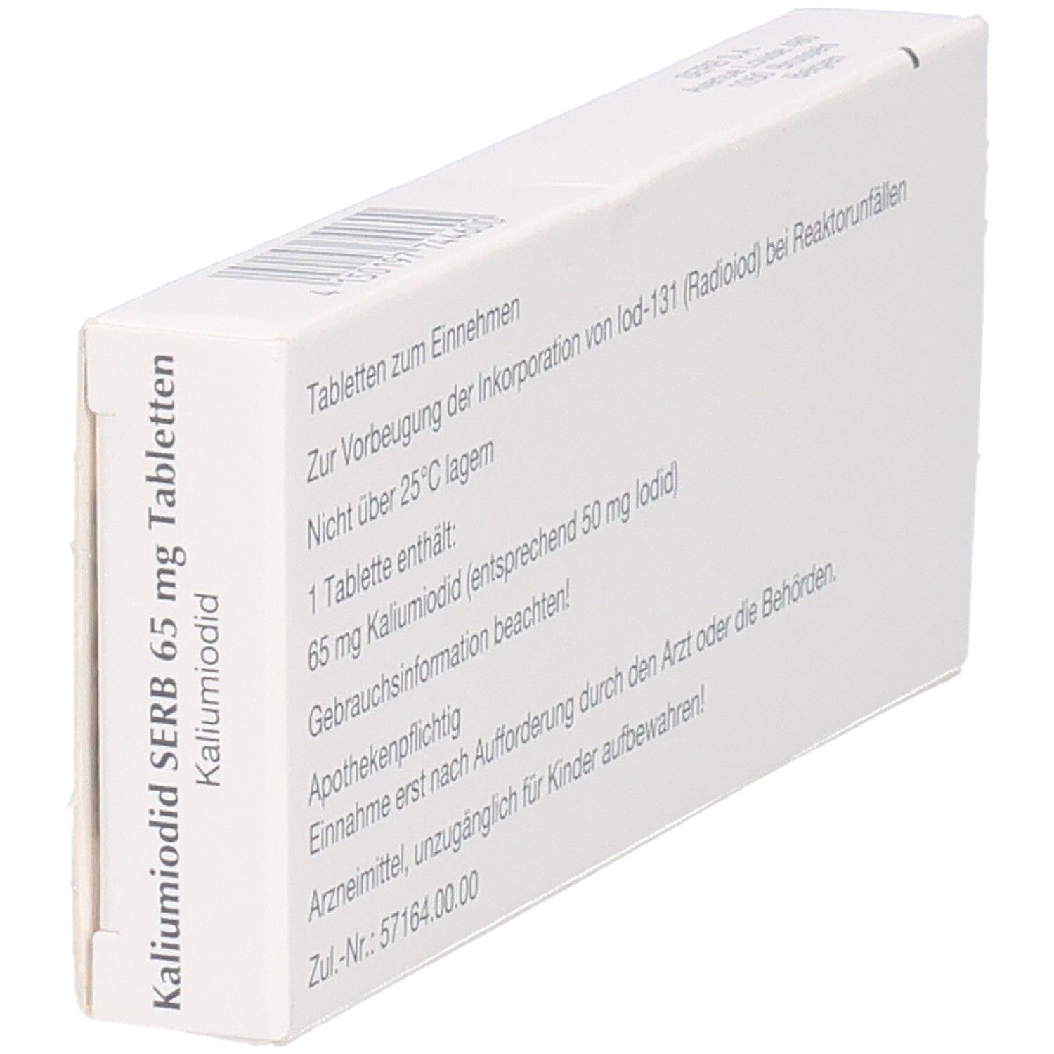 Schachtel mit Text. Enthält Informationen zu "Kaliumiodid SERB 65 mg Tabletten". Apothekenpflichtig.