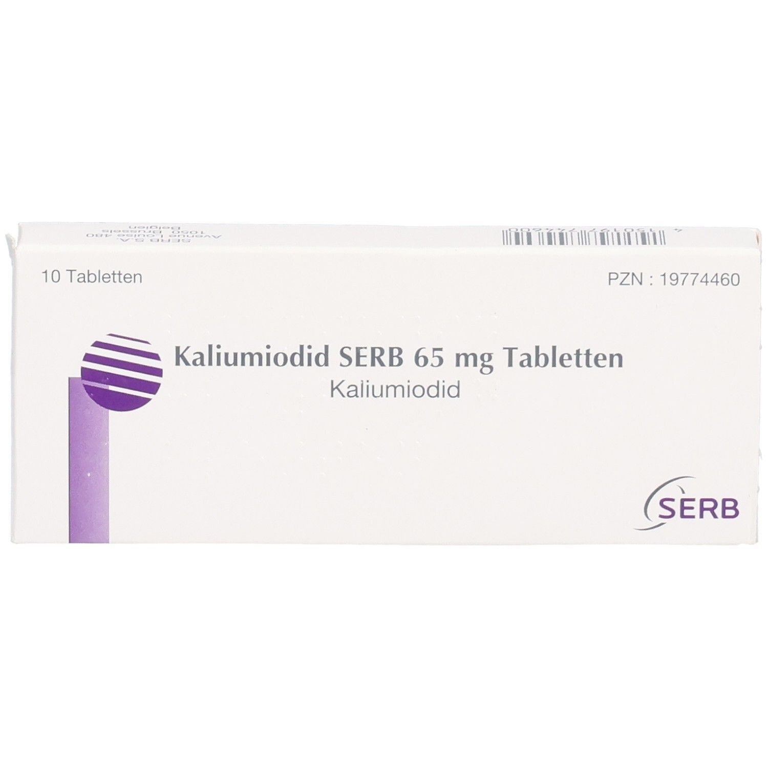 Weiße Schachtel mit "Kaliumiodid SERB 65 mg Tabletten". Logo und Text in Schwarz und Lila. 10 Tabletten.