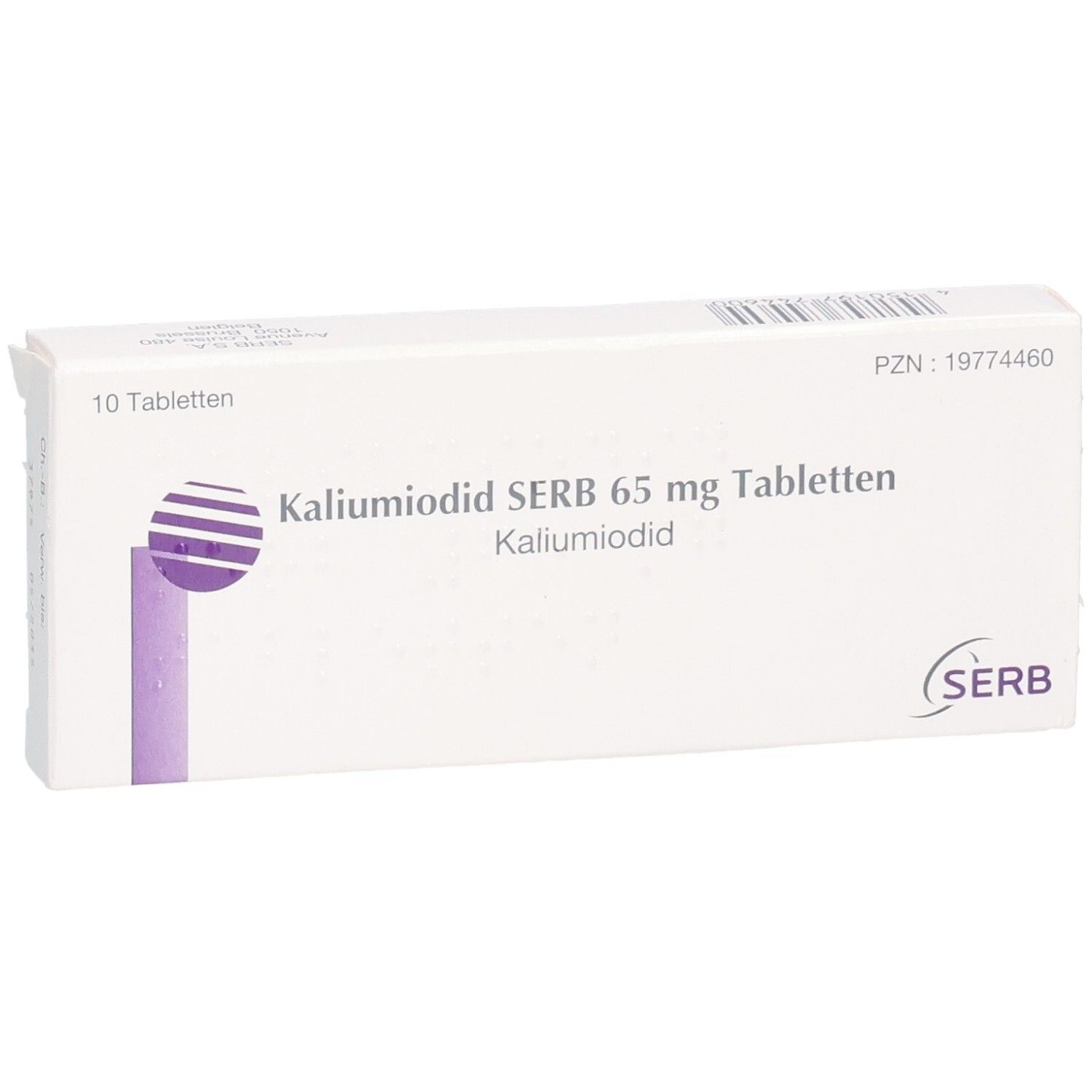 Weiße Schachtel mit "Kaliumiodid SERB 65 mg Tabletten". Logo und Text in Schwarz und Lila. 10 Tabletten.