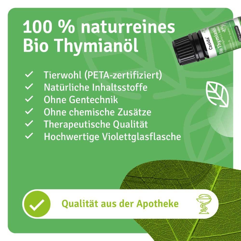 Produktflasche neben Text. Text: 100% naturreines Bio Thymianöl. Qualität aus der Apotheke.