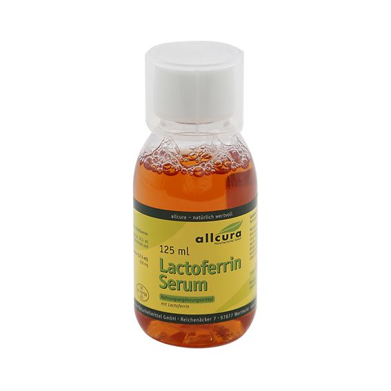 Klarflüssiges Serum in einer transparenten Flasche mit weißem Deckel. Gelbes Etikett mit Produktinformationen.