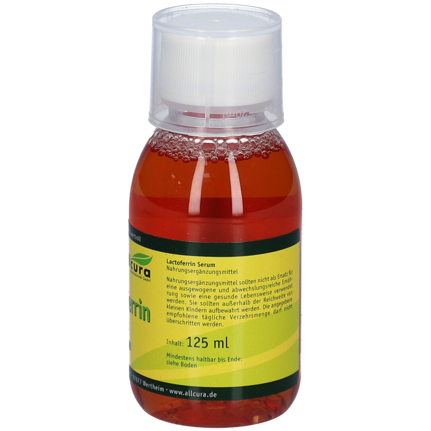 Klarflüssiges Lactoferrin Serum in einer Flasche mit weißem Deckel. Gelb-grünes Etikett mit Produktinformationen und Marke.